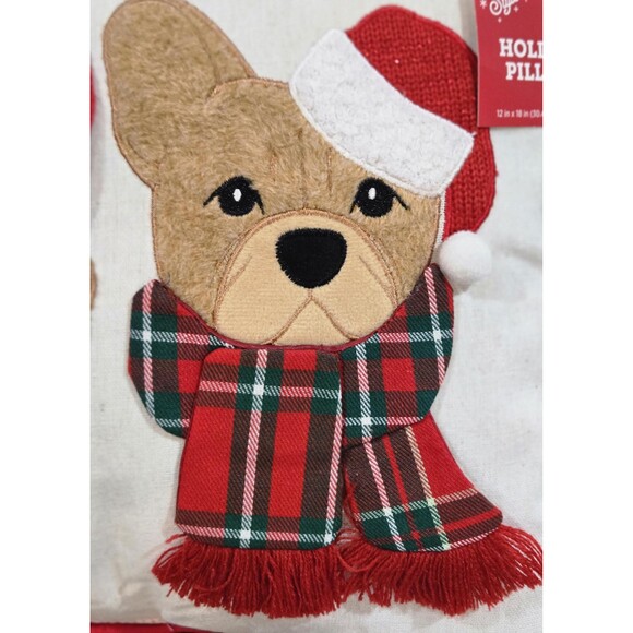Christmas Dogs Throw Pillow, Santa Hats, Plaid Scarves, 12x18", NWT - Picture 3 of 6